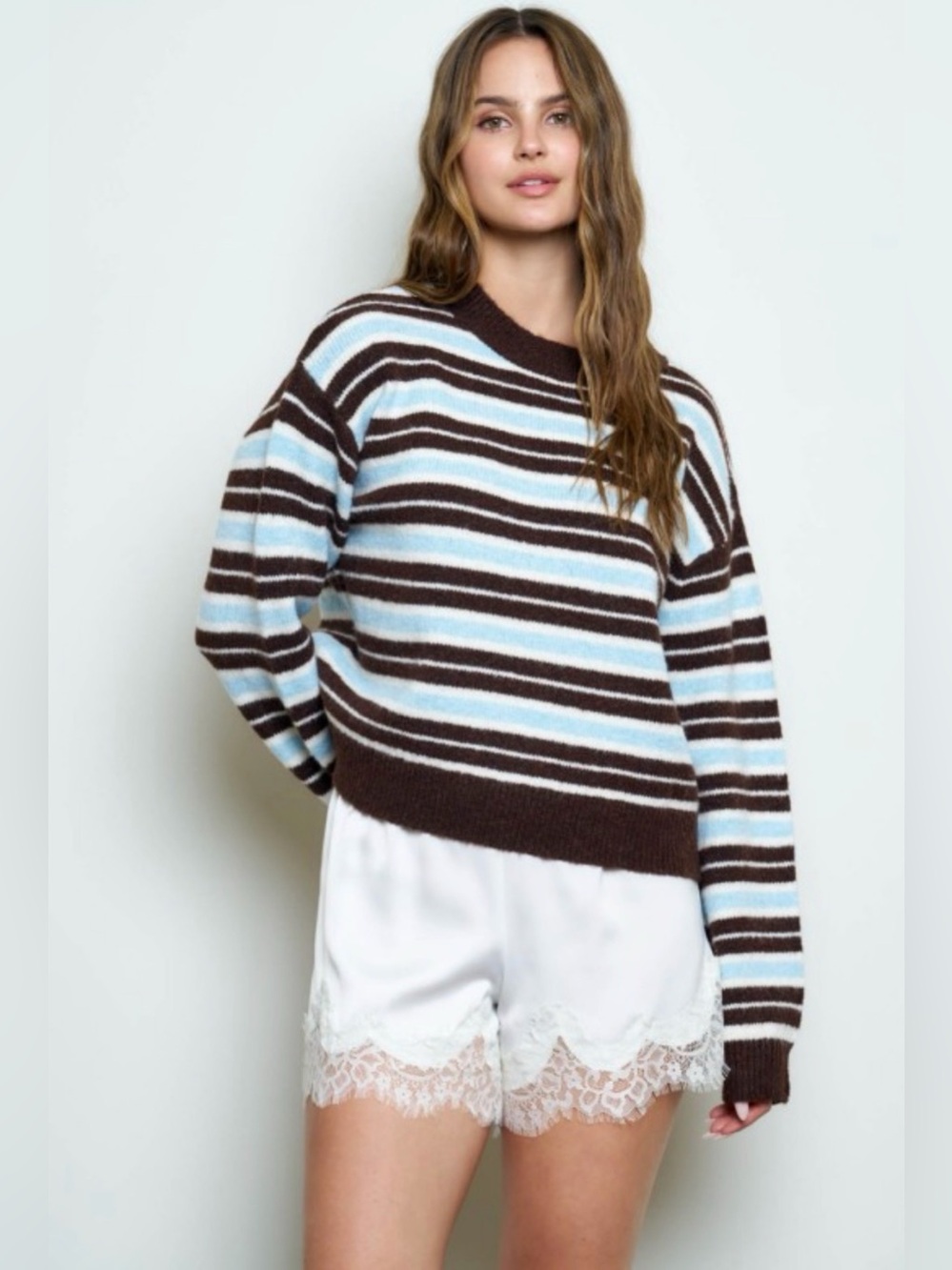 Striped Crewneck Sweater in Brown & Light Blue
